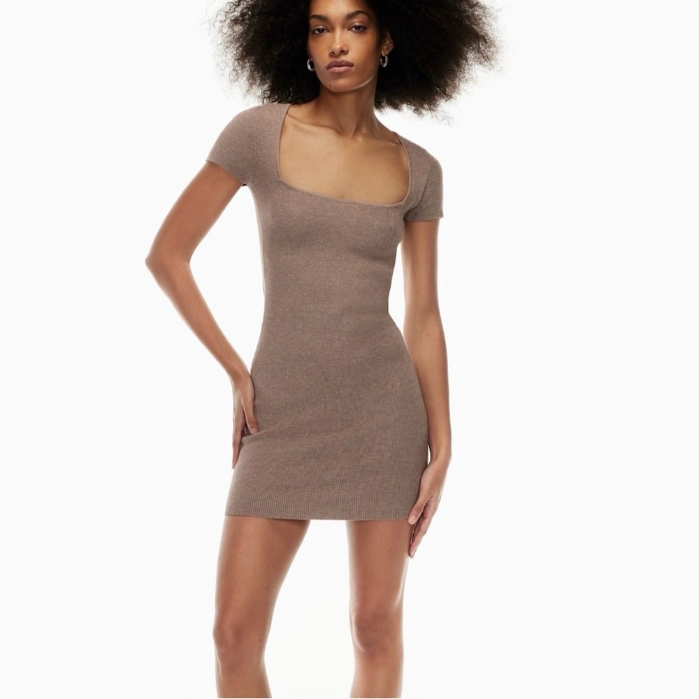 Babaton NWT Emerge Sweater Dress Tan Bodycon Shirt Sleeve Knit Mini Sorrel Brown
